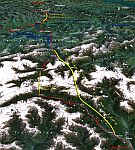 Situační polohový plán Gotthardské železnice a tunelů. Je uvedena současná i připravována železniční trať (pro r. 2015) se dvěma novými tunely. Současná trať bude déle sloužit pro provoz  osobních a těžkých nákladních vlaků i jako náhradní trať v případě havárie v Gotthardském tunelu.
